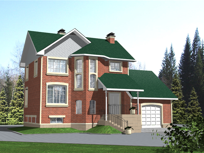 D667 Проект великолепного дома из темного кирпича с верандой и зеленой крышей